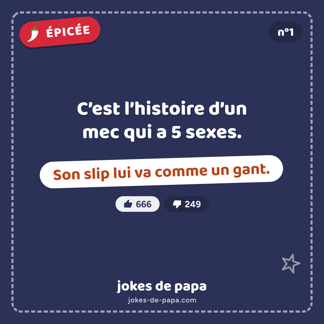 Blague n°1 en image : C’est l’histoire d’un mec qui a 5 sexes. Son slip lui va comme un gant.