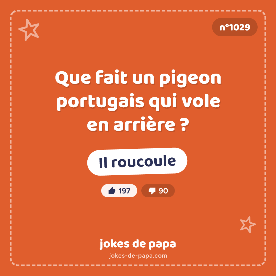 Blague n°1029 en image : Que fait un pigeon portugais qui vole en arrière ? Il roucoule