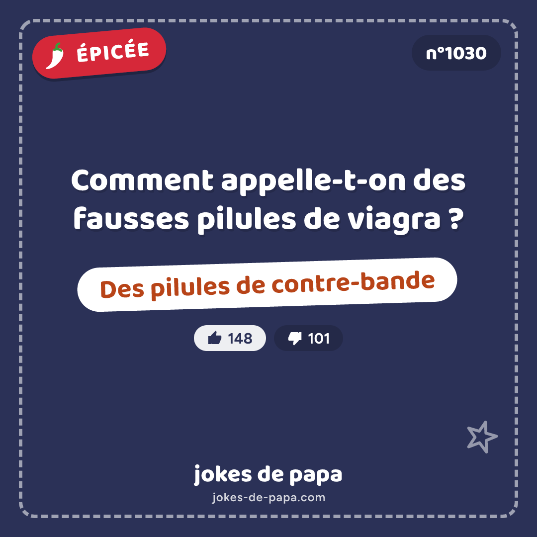 Blague n°1030 en image : Comment appelle-t-on des fausses pilules de viagra ? Des pilules de contre-bande