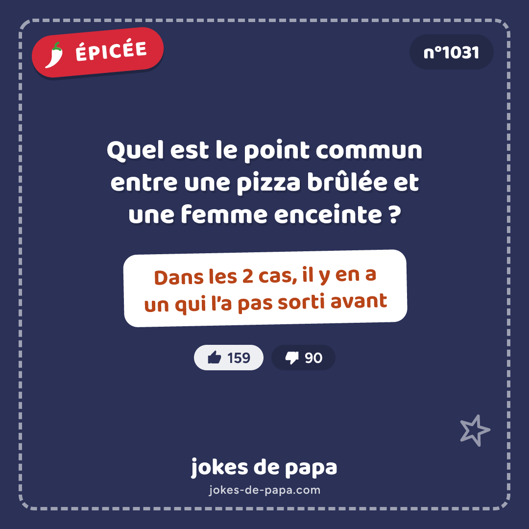 Blague n°1031 en image : Quel est le point commun entre une pizza brûlée et une femme enceinte ? Dans les 2 cas, il y en a un qui l’a pas sorti avant