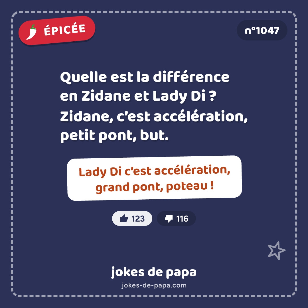 Blague n°1047 en image : Quelle est la différence en Zidane et Lady Di ? Zidane, c’est accélération, petit pont, but. Lady Di c’est accélération, grand pont, poteau !