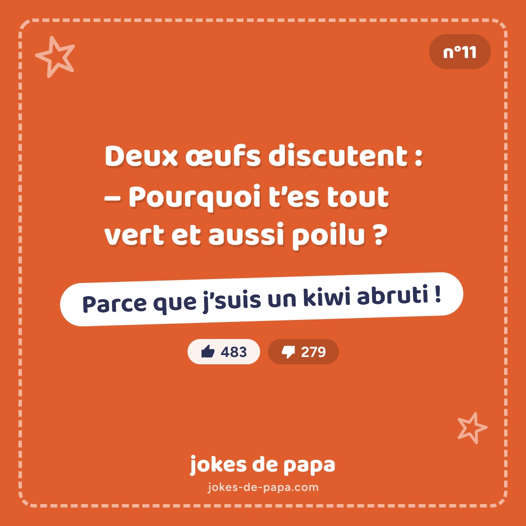 Blague n°11 en image : Deux œufs discutent : – Pourquoi t’es tout vert et aussi poilu ? – Parce que j’suis un kiwi abruti !