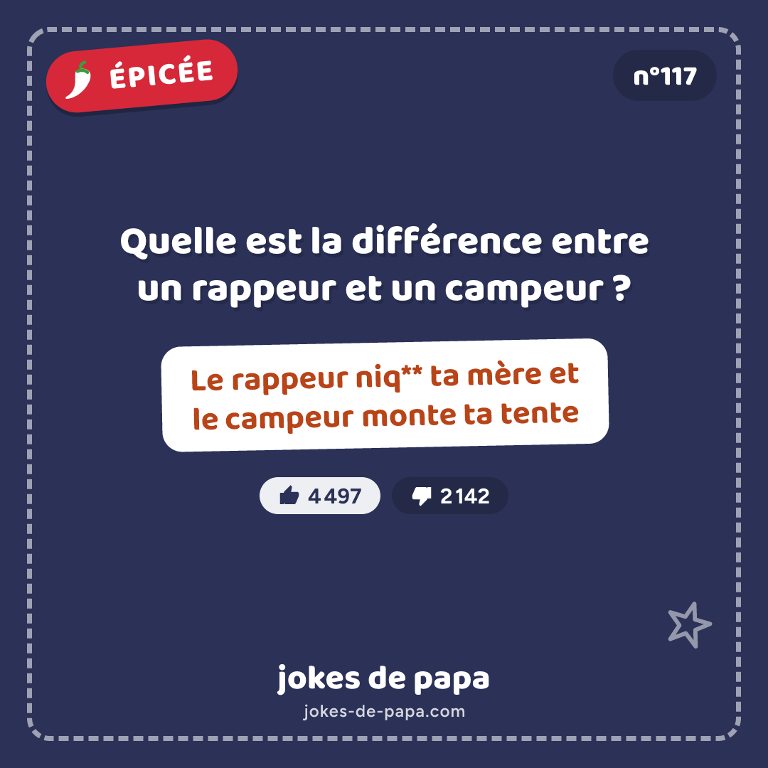 Blague n°117 en image : Quelle est la différence entre un rappeur et un campeur ? Le rappeur niq** ta mère et le campeur monte ta tente
