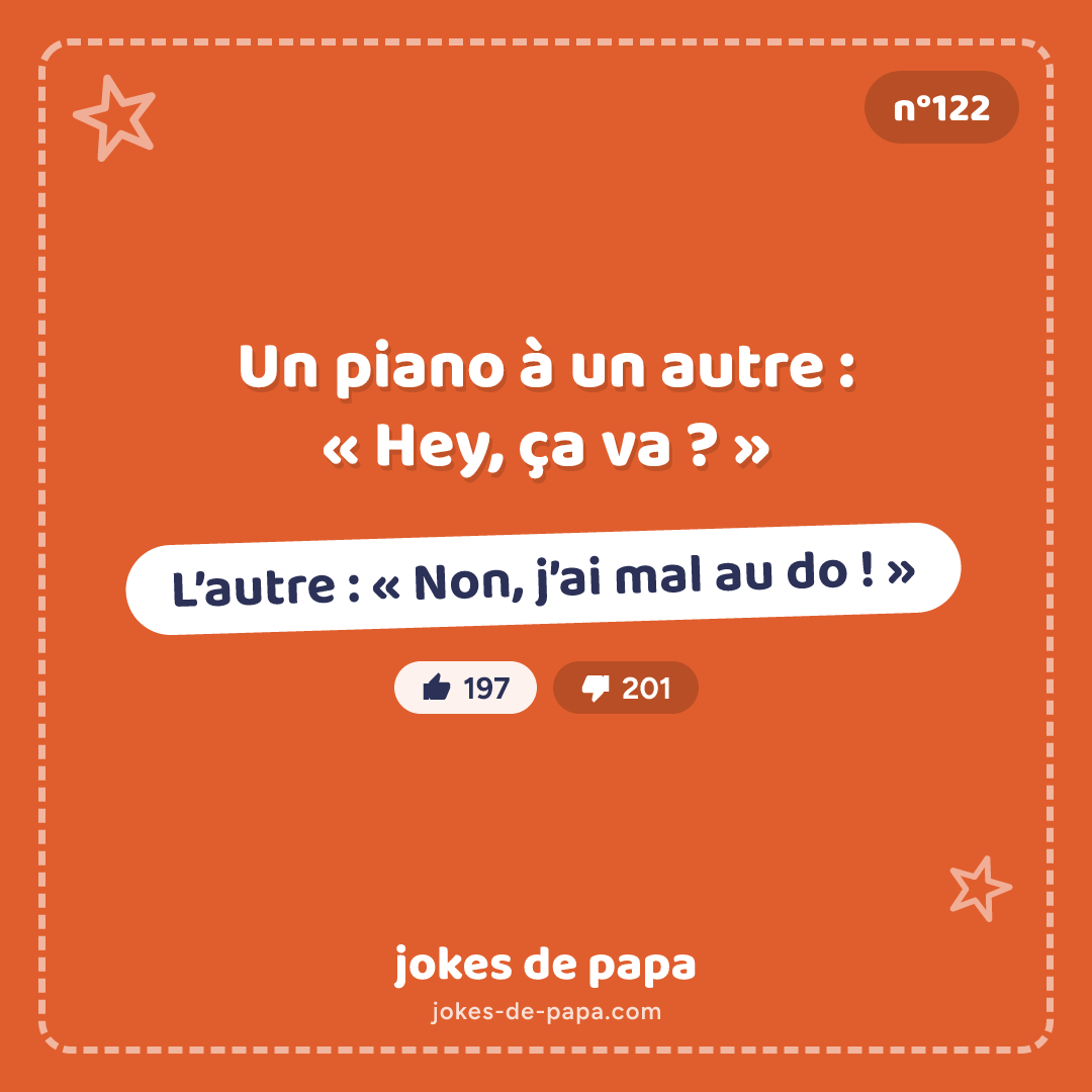 Blague n°122 en image : Un piano à un autre : « Hey, ça va ? » L’autre : « Non, j’ai mal au do ! »
