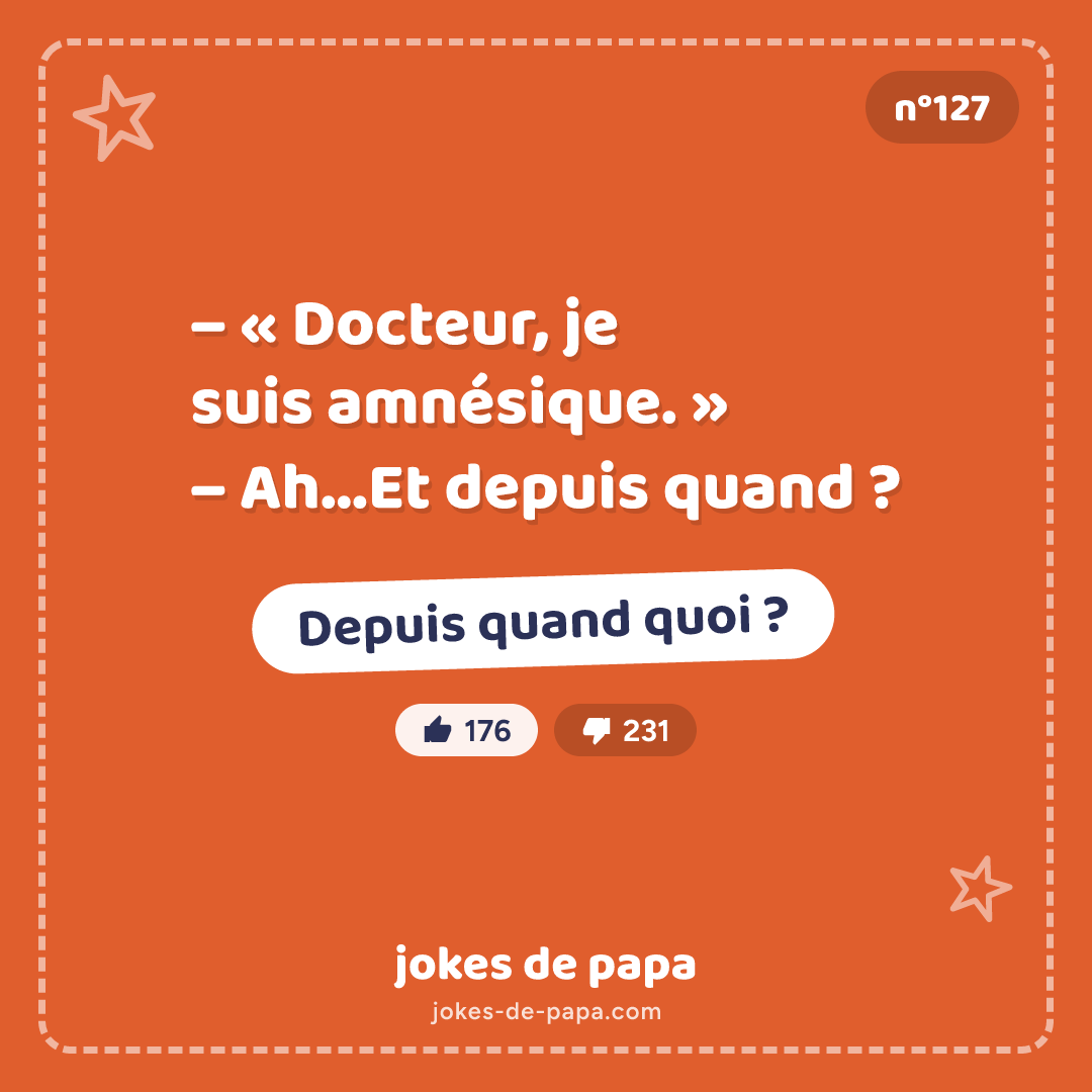 Blague n°127 en image : – « Docteur, je suis amnésique. » – Ah…Et depuis quand ? – Depuis quand quoi ?