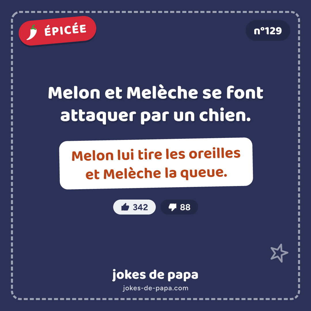Blague n°129 en image : Melon et Melèche se font attaquer par un chien. Melon lui tire les oreilles et Melèche la queue.