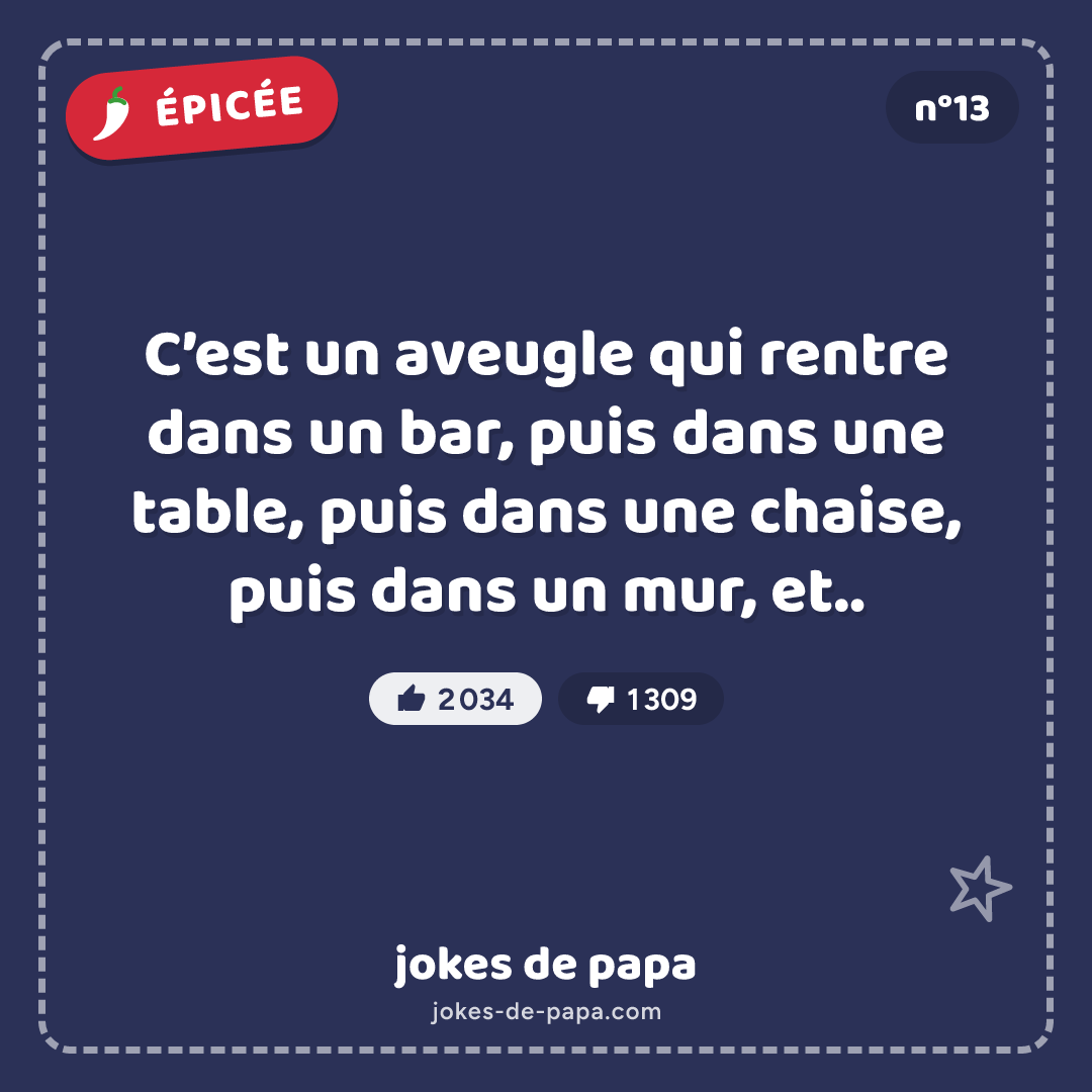 Blague n°13 en image : C’est un aveugle qui rentre dans un bar, puis dans une table, puis dans une chaise, puis dans un mur, et..