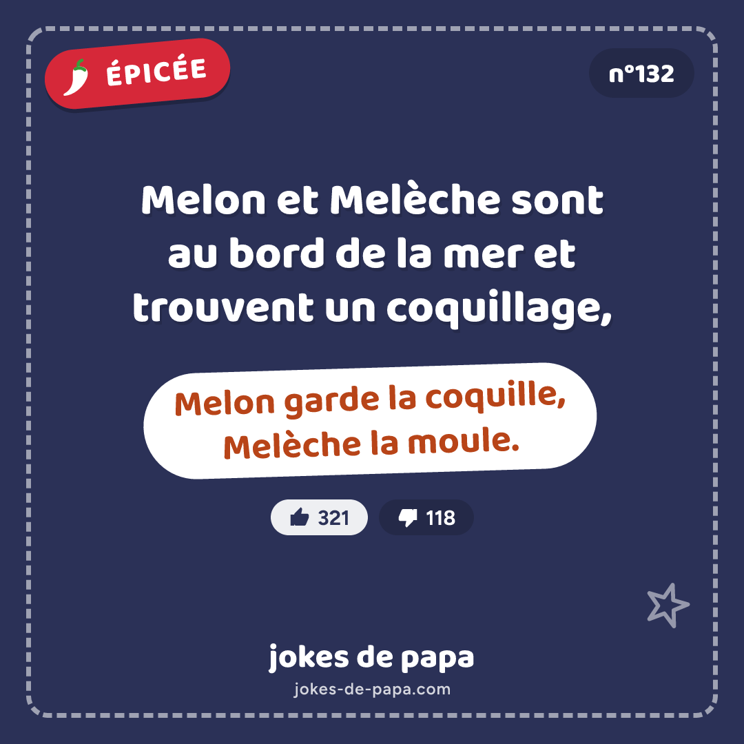 Blague n°132 en image : Melon et Melèche sont au bord de la mer et trouvent un coquillage, Melon garde la coquille, Melèche la moule.