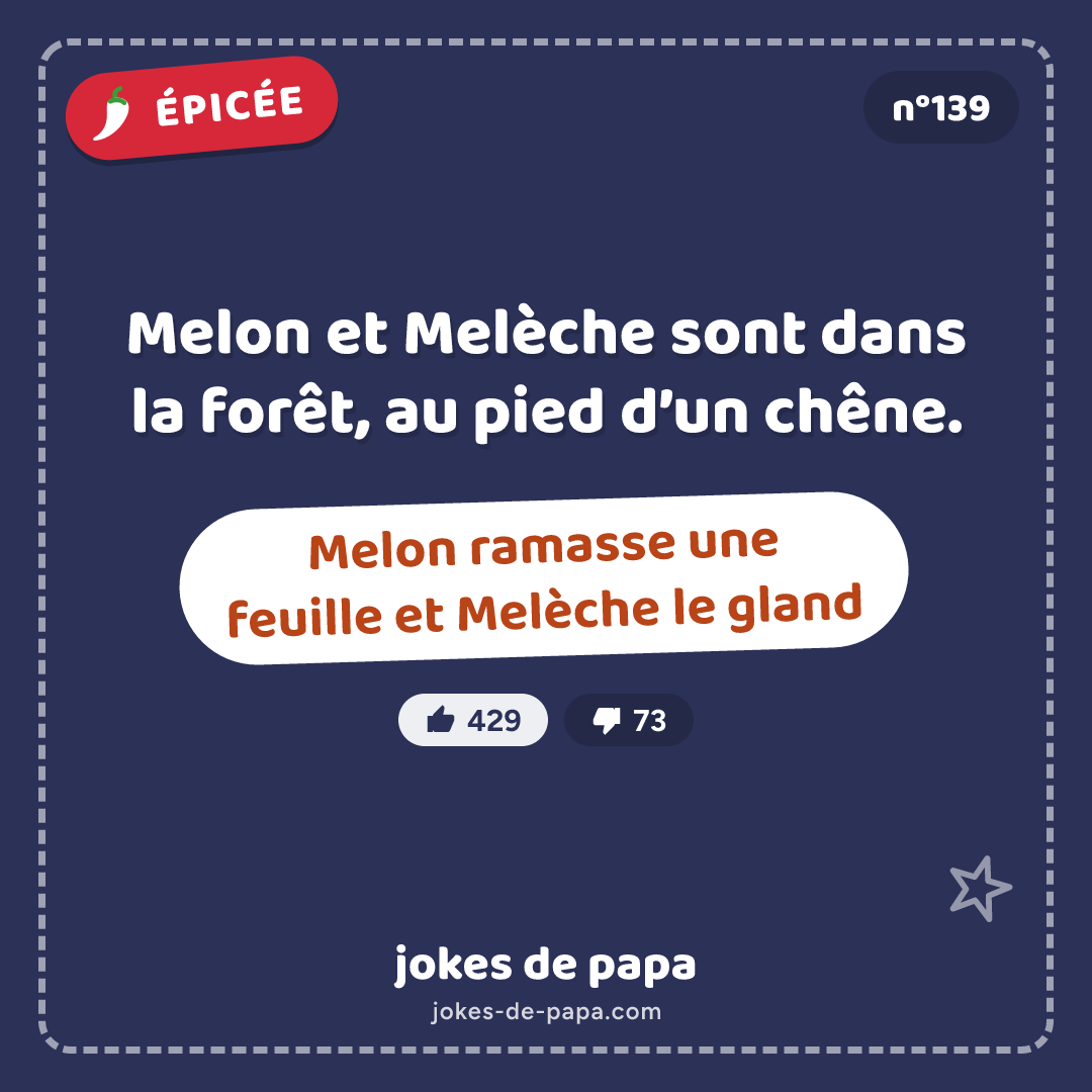 Blague n°139 en image : Melon et Melèche sont dans la forêt, au pied d’un chêne. Melon ramasse une feuille et Melèche le gland