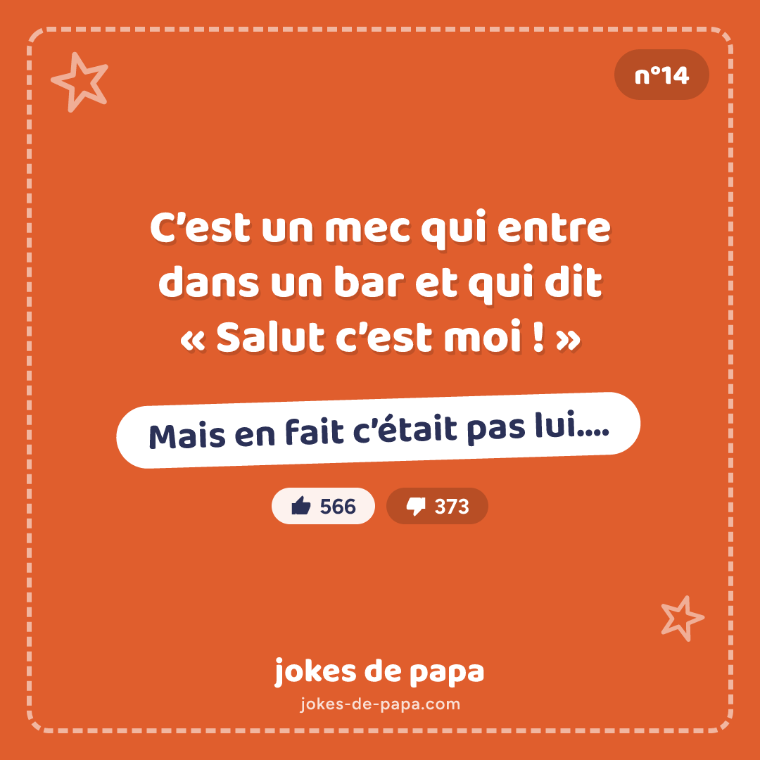 Blague n°14 en image : C’est un mec qui entre dans un bar et qui dit « Salut c’est moi ! » Mais en fait c’était pas lui….