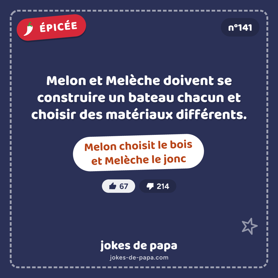 Blague n°141 en image : Melon et Melèche doivent se construire un bateau chacun et choisir des matériaux différents. Melon choisit le bois et Melèche le jonc
