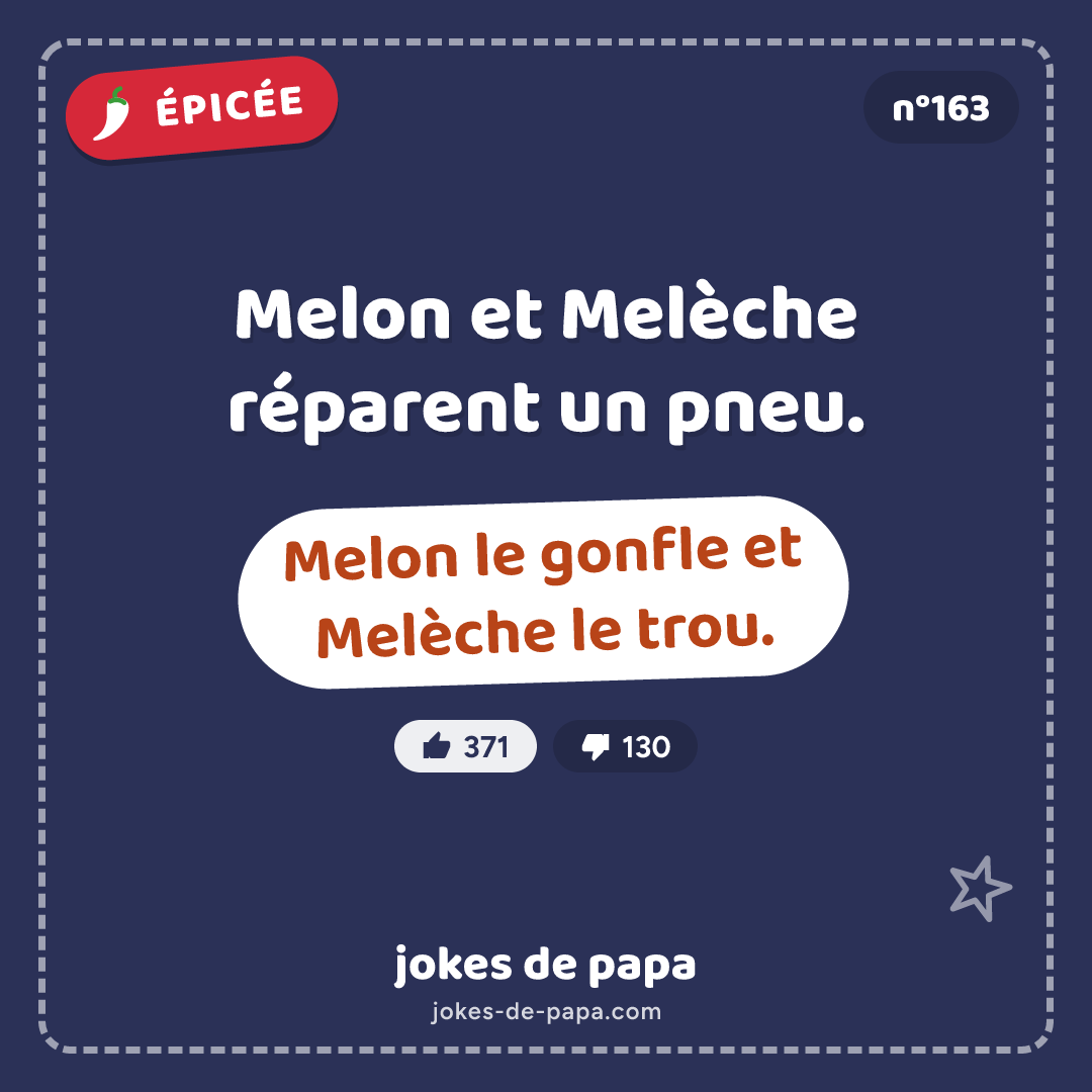 Blague n°163 en image : Melon et Melèche réparent un pneu. Melon le gonfle et Melèche le trou.