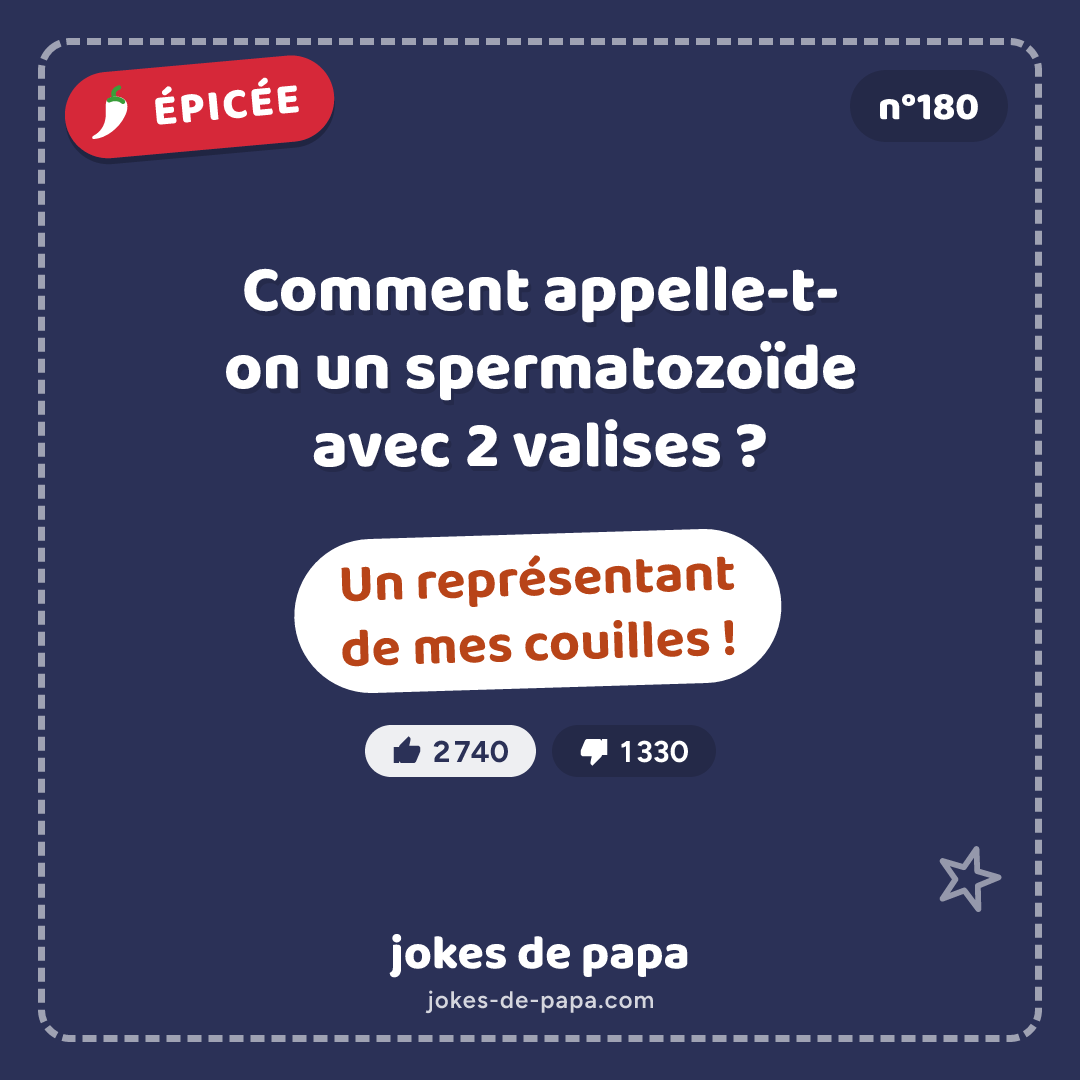 Blague n°180 en image : Comment appelle-t-on un spermatozoïde avec 2 valises ? Un représentant de mes couilles !