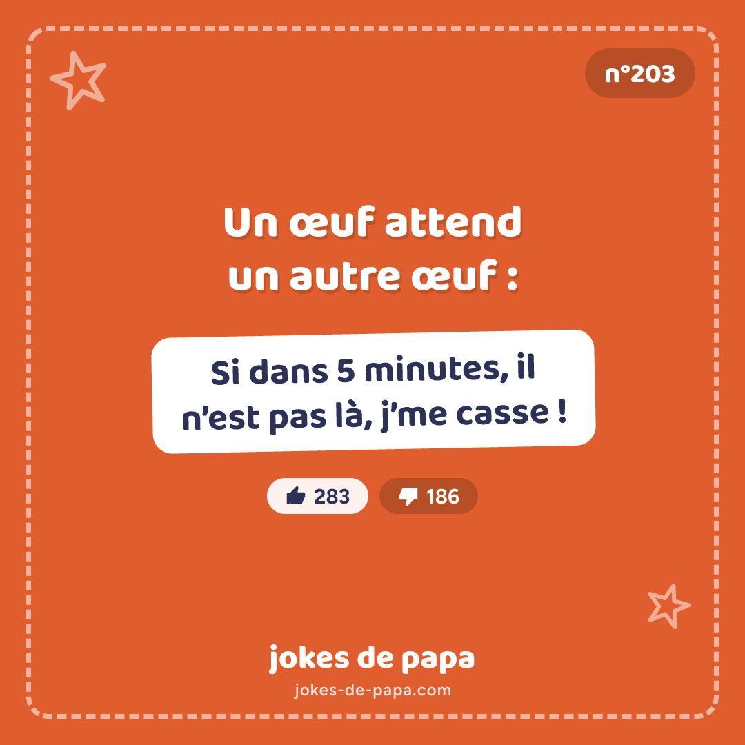 Blague n°203 en image : Un œuf attend un autre œuf : Si dans 5 minutes, il n’est pas là, j’me casse !