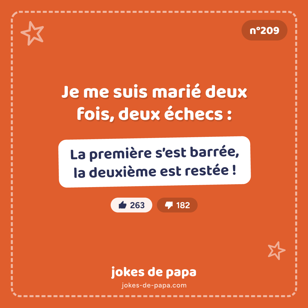 Blague n°209 en image : Je me suis marié deux fois, deux échecs : La première s’est barrée, la deuxième est restée !