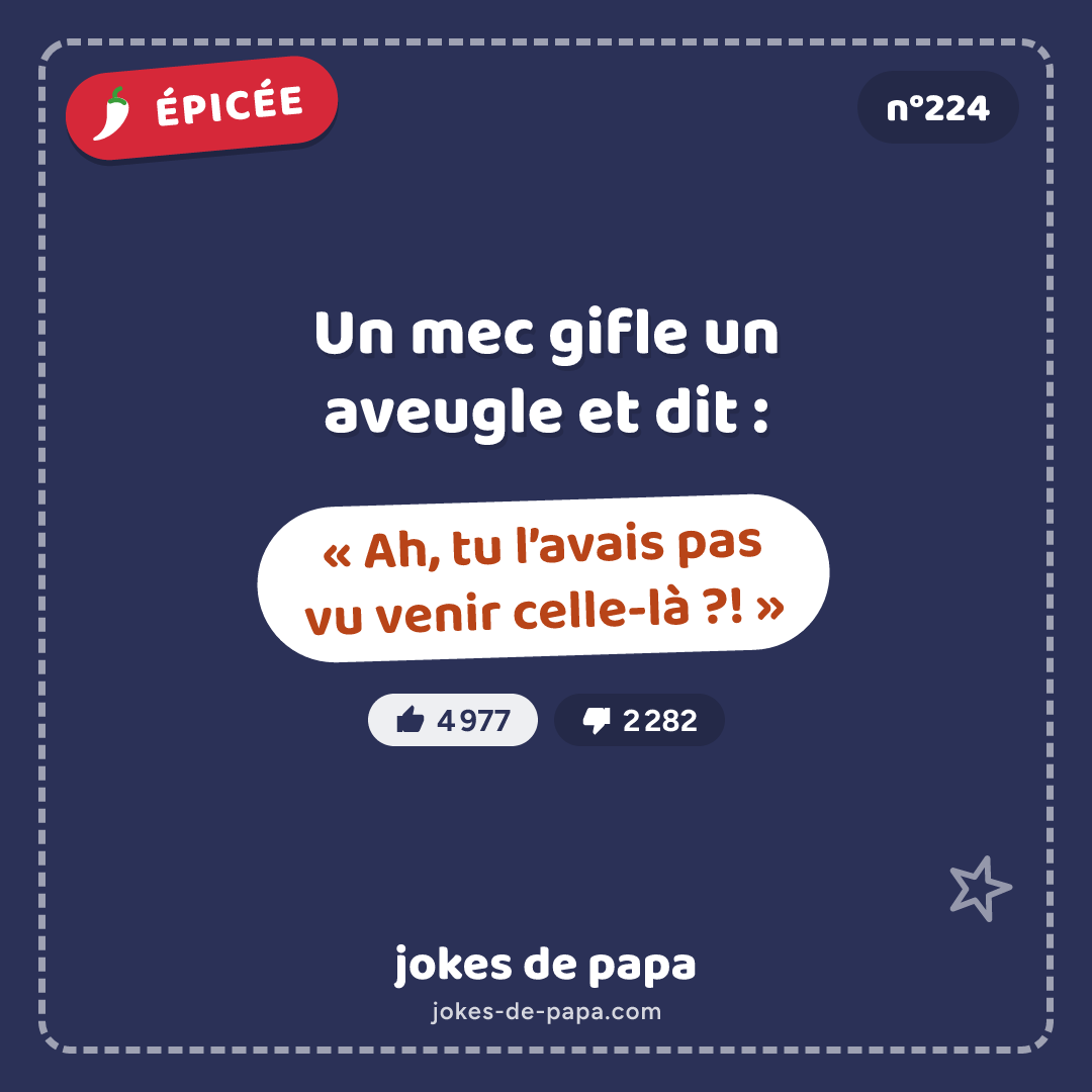 Blague n°224 en image : Un mec gifle un aveugle et dit : « Ah, tu l’avais pas vu venir celle-là ?! »