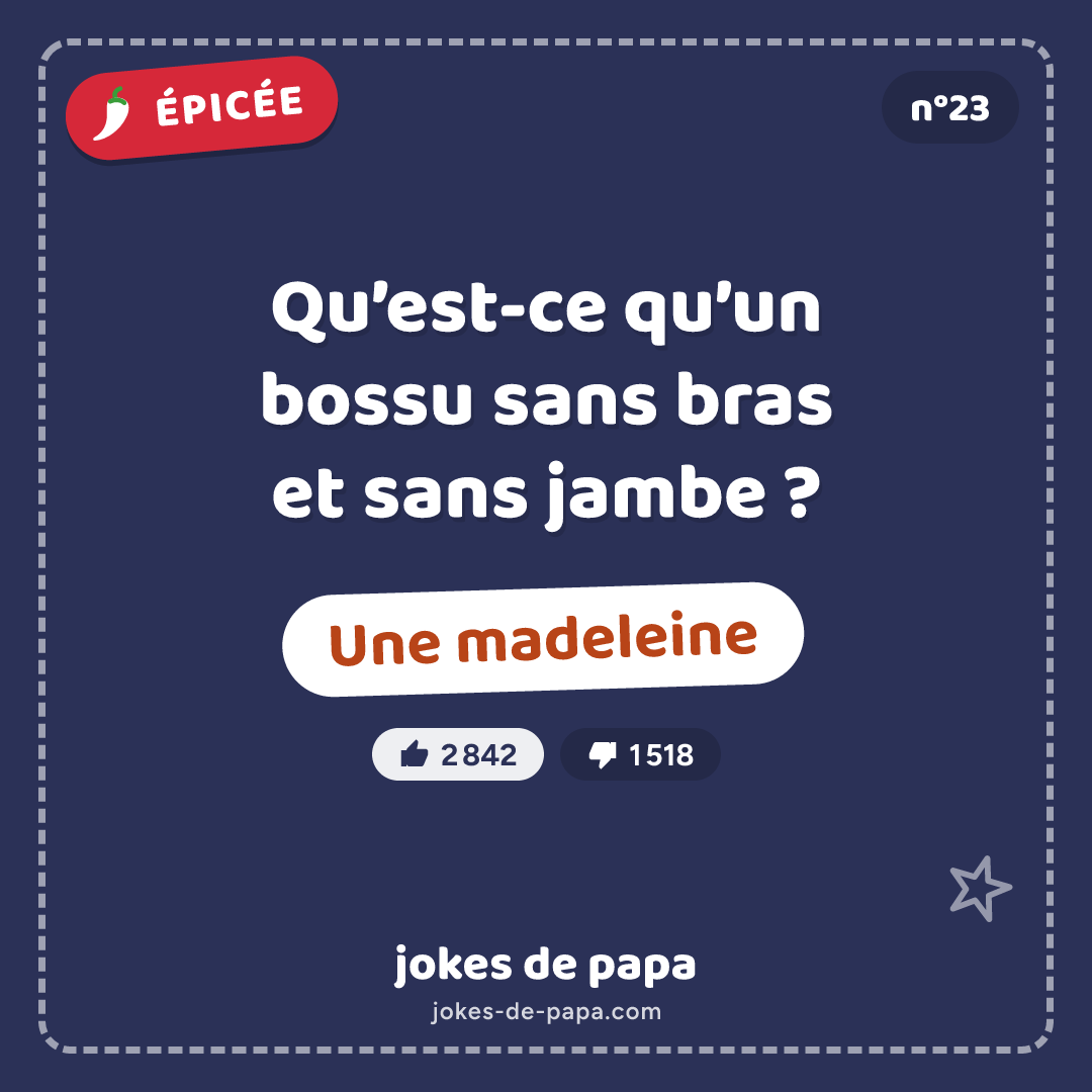 Blague n°23 en image : Qu’est-ce qu’un bossu sans bras et sans jambe ? Une madeleine