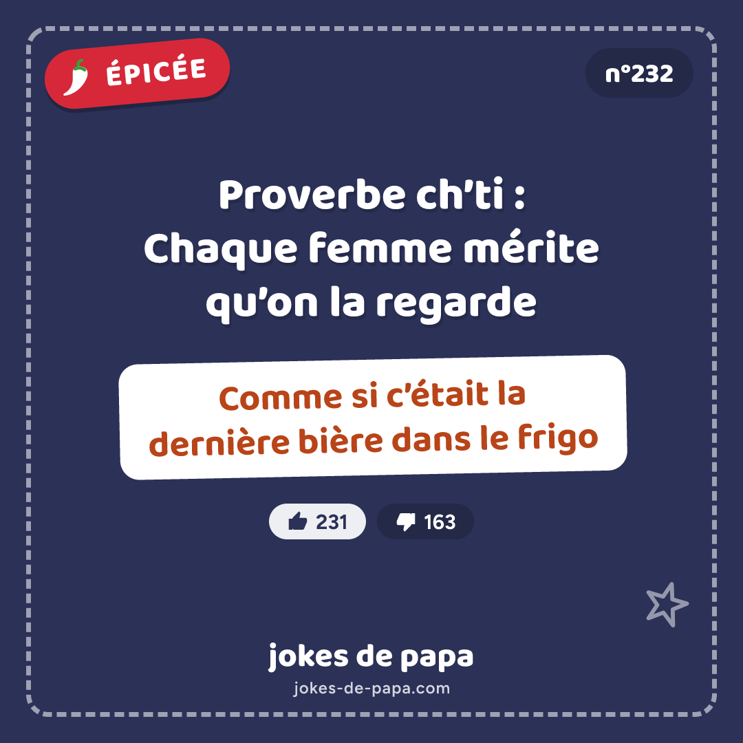 Blague n°232 en image : Proverbe ch’ti : Chaque femme mérite qu’on la regarde Comme si c’était la dernière bière dans le frigo