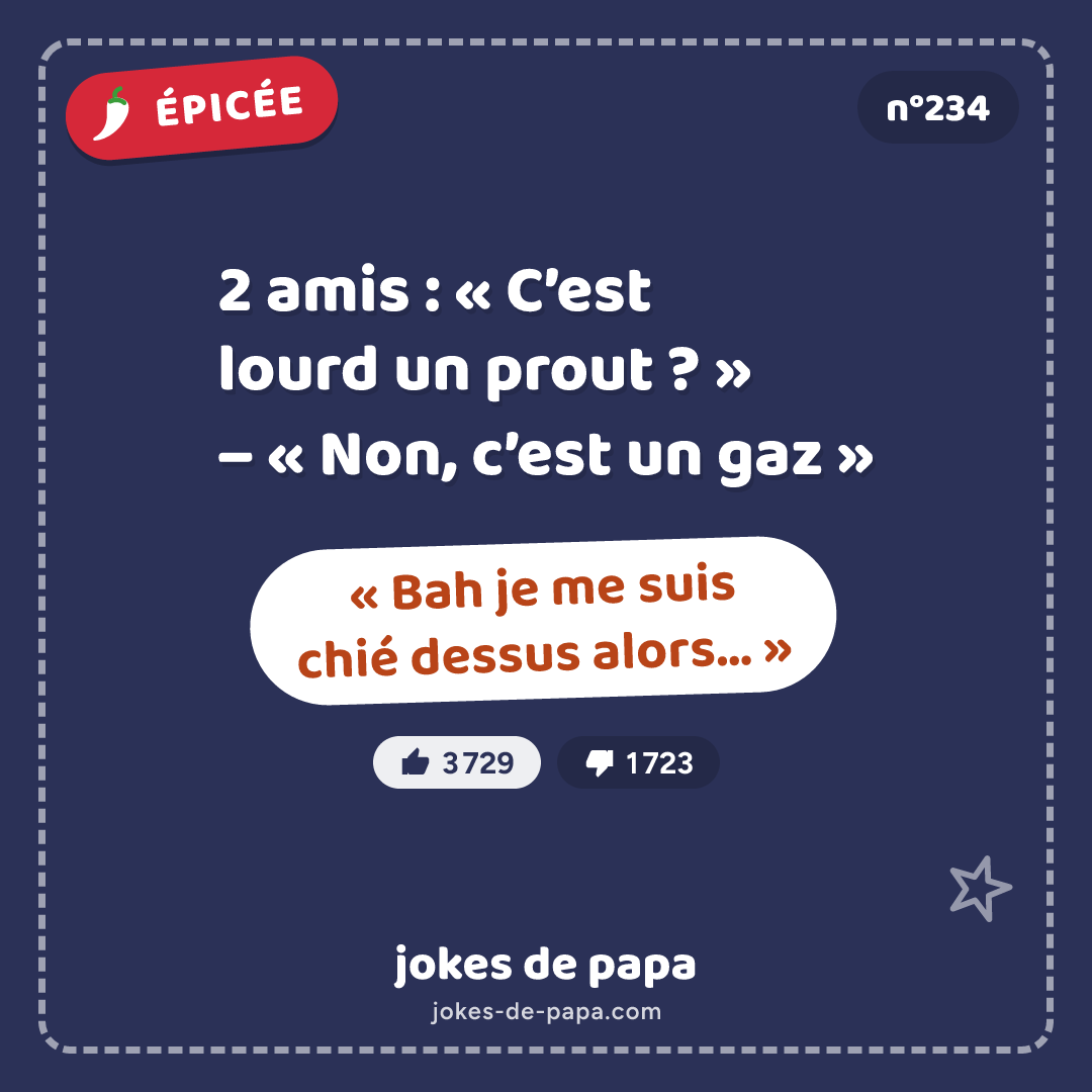 Blague n°234 en image : 2 amis : « C’est lourd un prout ? » – « Non, c’est un gaz » – « Bah je me suis chié dessus alors… »