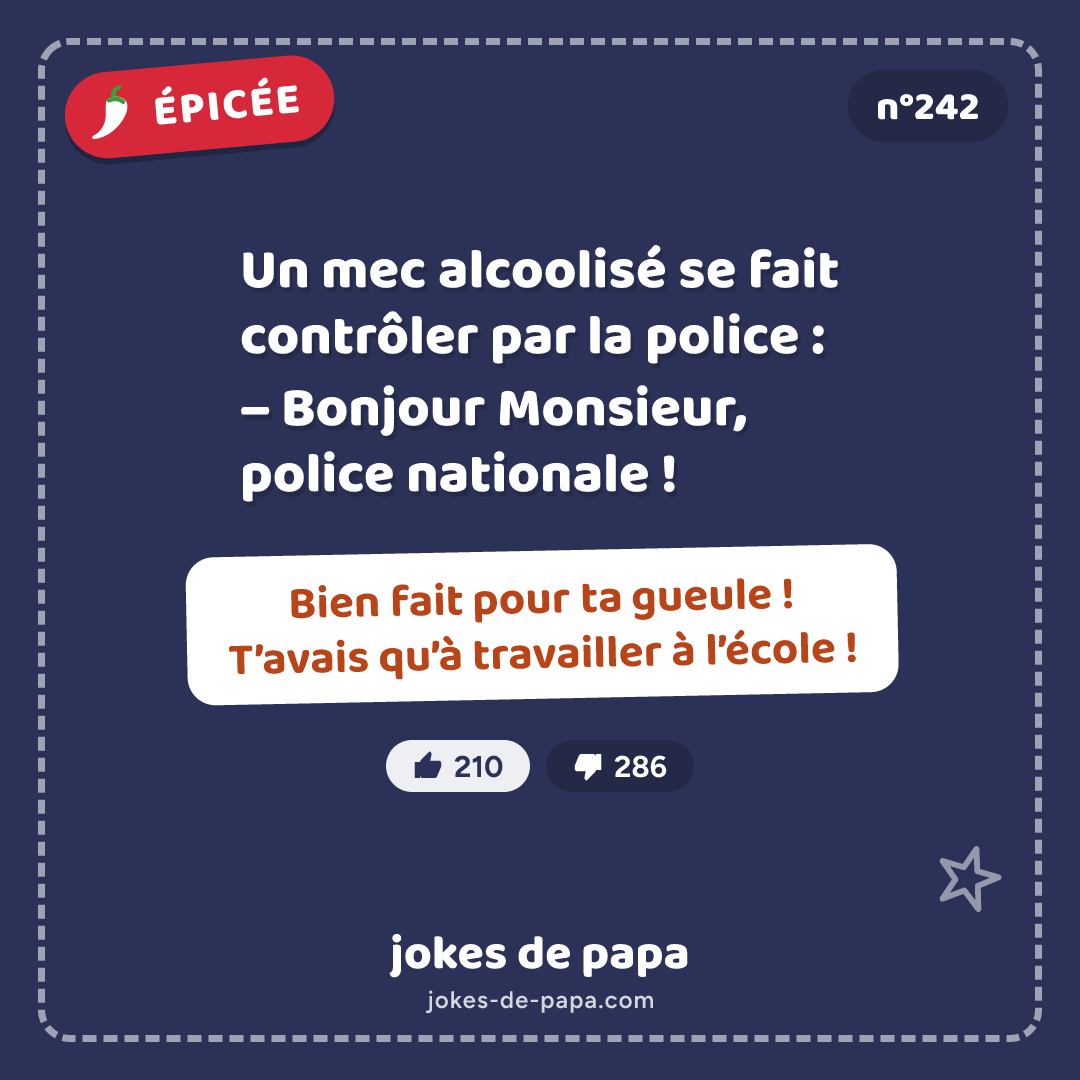 Blague n°242 en image : Un mec alcoolisé se fait contrôler par la police : – Bonjour Monsieur, police nationale ! – Bien fait pour ta gueule ! T’avais qu’à travailler à l’école !