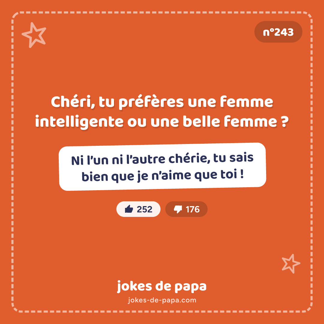 Blague n°243 en image : Chéri, tu préfères une femme intelligente ou une belle femme ? – Ni l’un ni l’autre chérie, tu sais bien que je n’aime que toi !