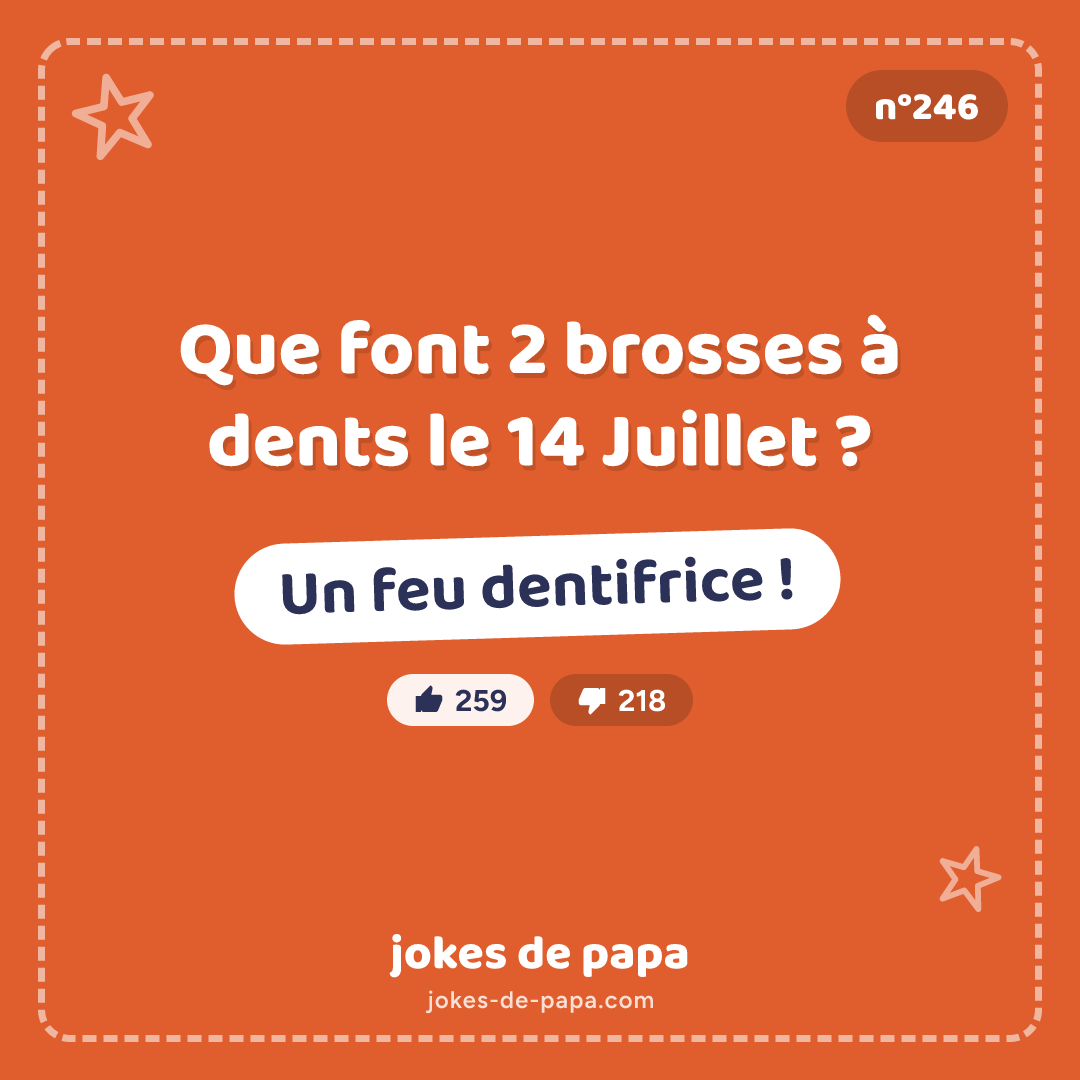 Blague n°246 en image : Que font 2 brosses à dents le 14 Juillet ? Un feu dentifrice !