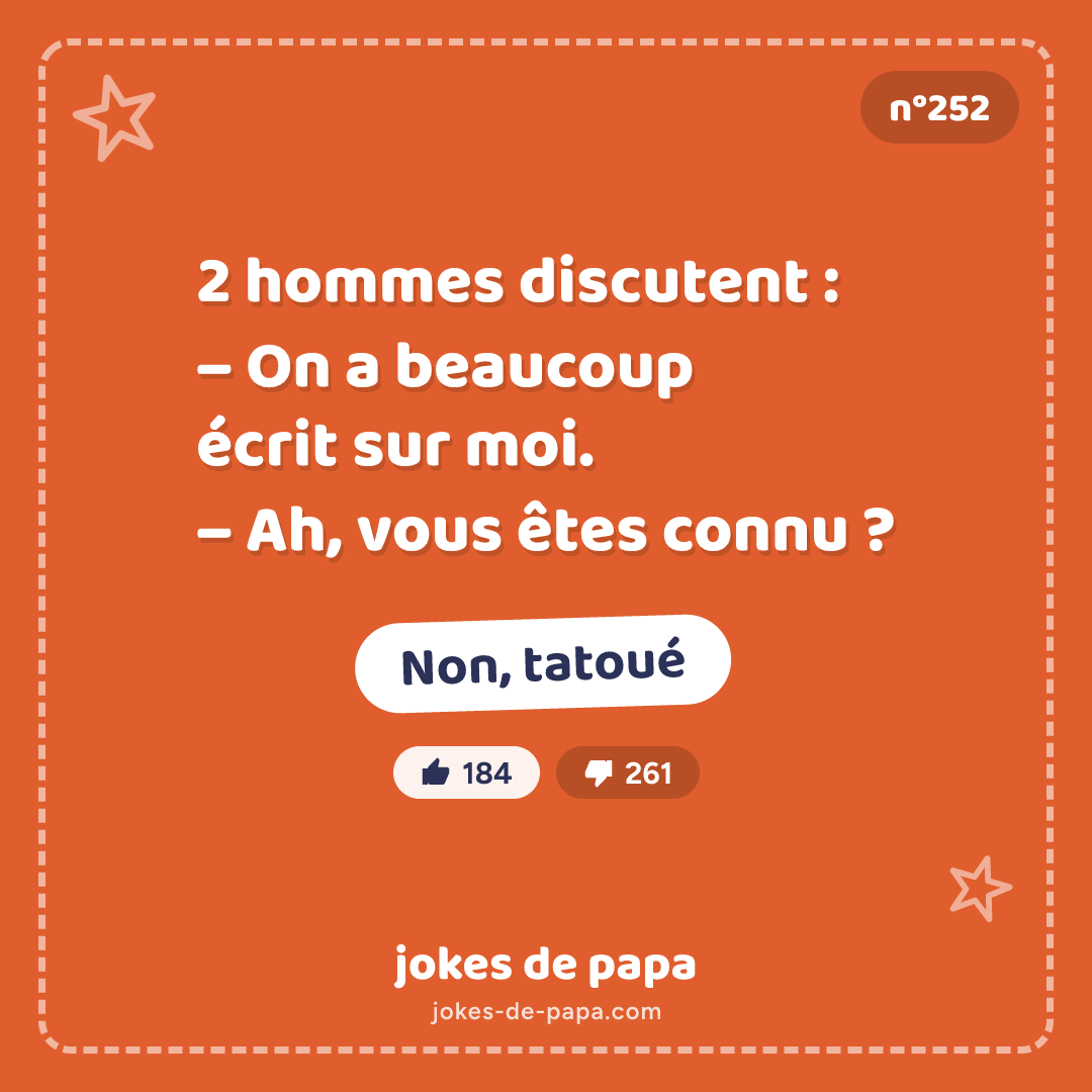 Blague n°252 en image : 2 hommes discutent : – On a beaucoup écrit sur moi. – Ah, vous êtes connu ? – Non, tatoué