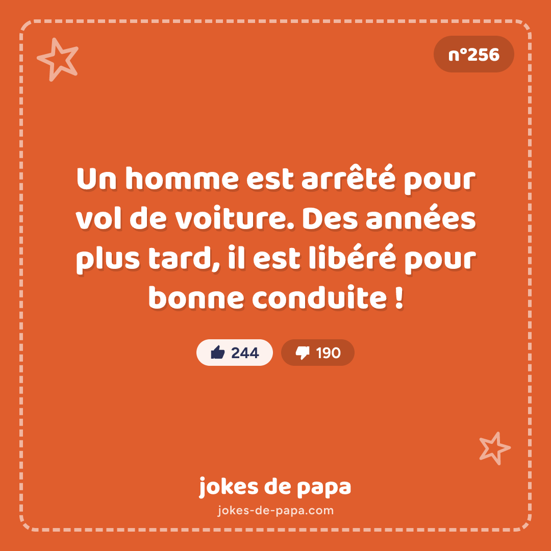 Blague n°256 en image : Un homme est arrêté pour vol de voiture. Des années plus tard, il est libéré pour bonne conduite !