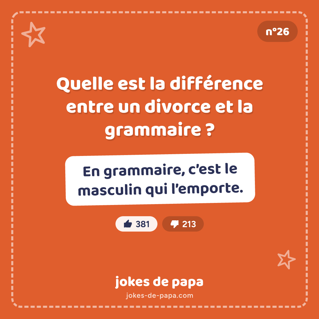 Blague n°26 en image : Quelle est la différence entre un divorce et la grammaire ? En grammaire, c’est le masculin qui l’emporte.