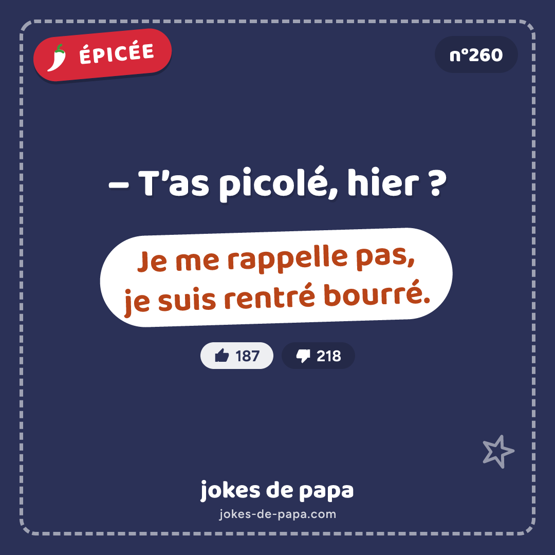 Blague n°260 en image : – T’as picolé, hier ? – Je me rappelle pas, je suis rentré bourré.