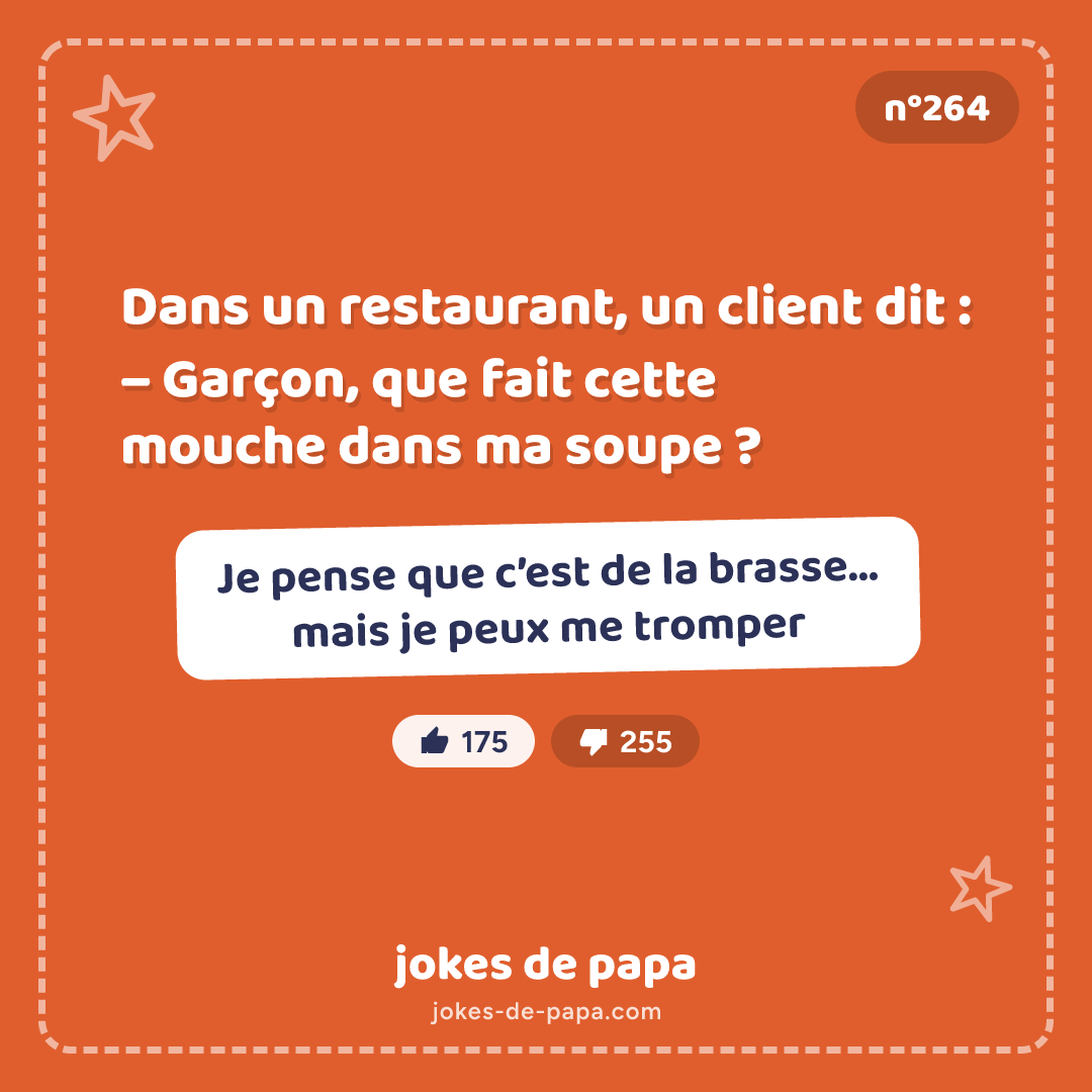 Blague n°264 en image : Dans un restaurant, un client dit : – Garçon, que fait cette mouche dans ma soupe ? – Je pense que c’est de la brasse… mais je peux me tromper