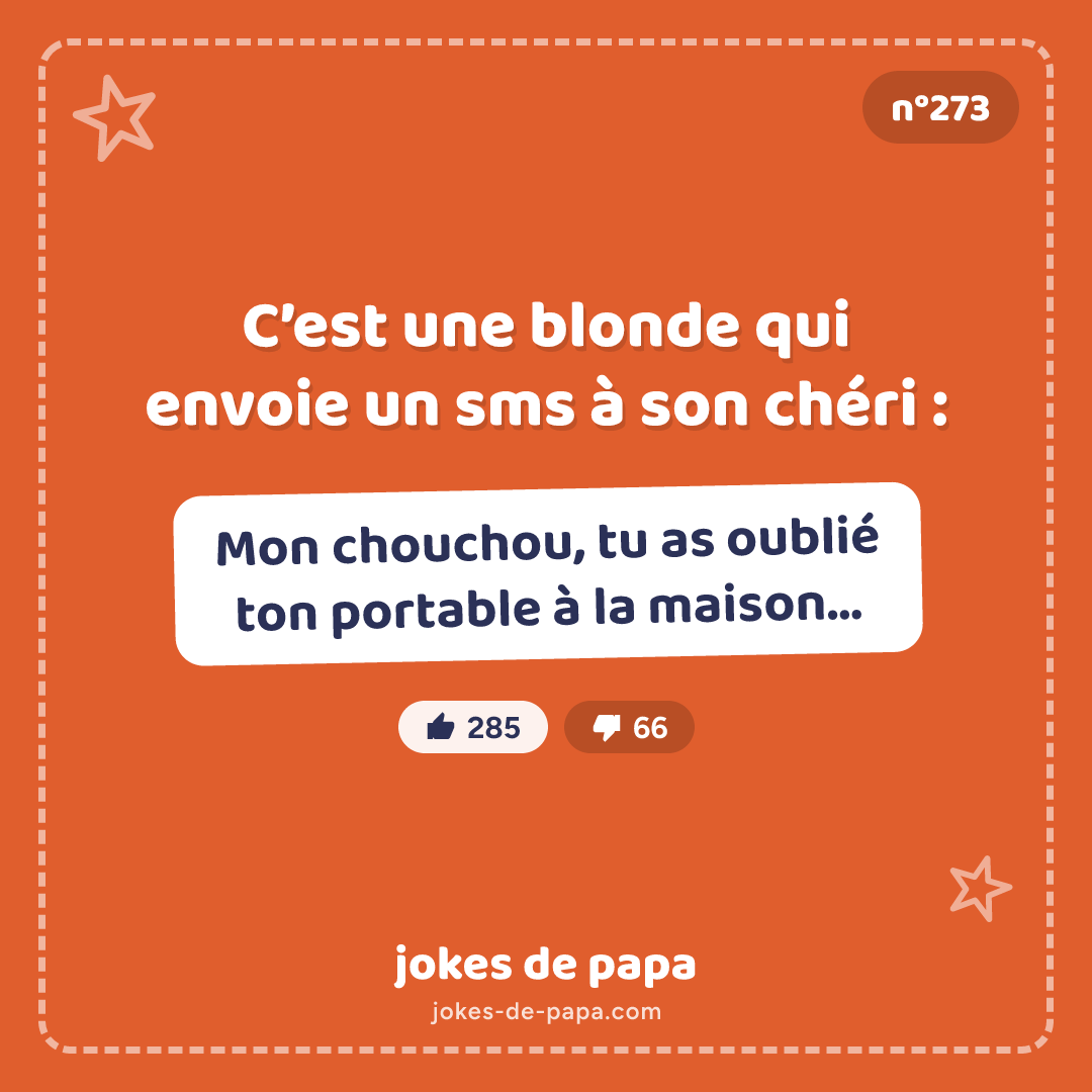 Blague n°273 en image : C’est une blonde qui envoie un sms à son chéri : – Mon chouchou, tu as oublié ton portable à la maison…