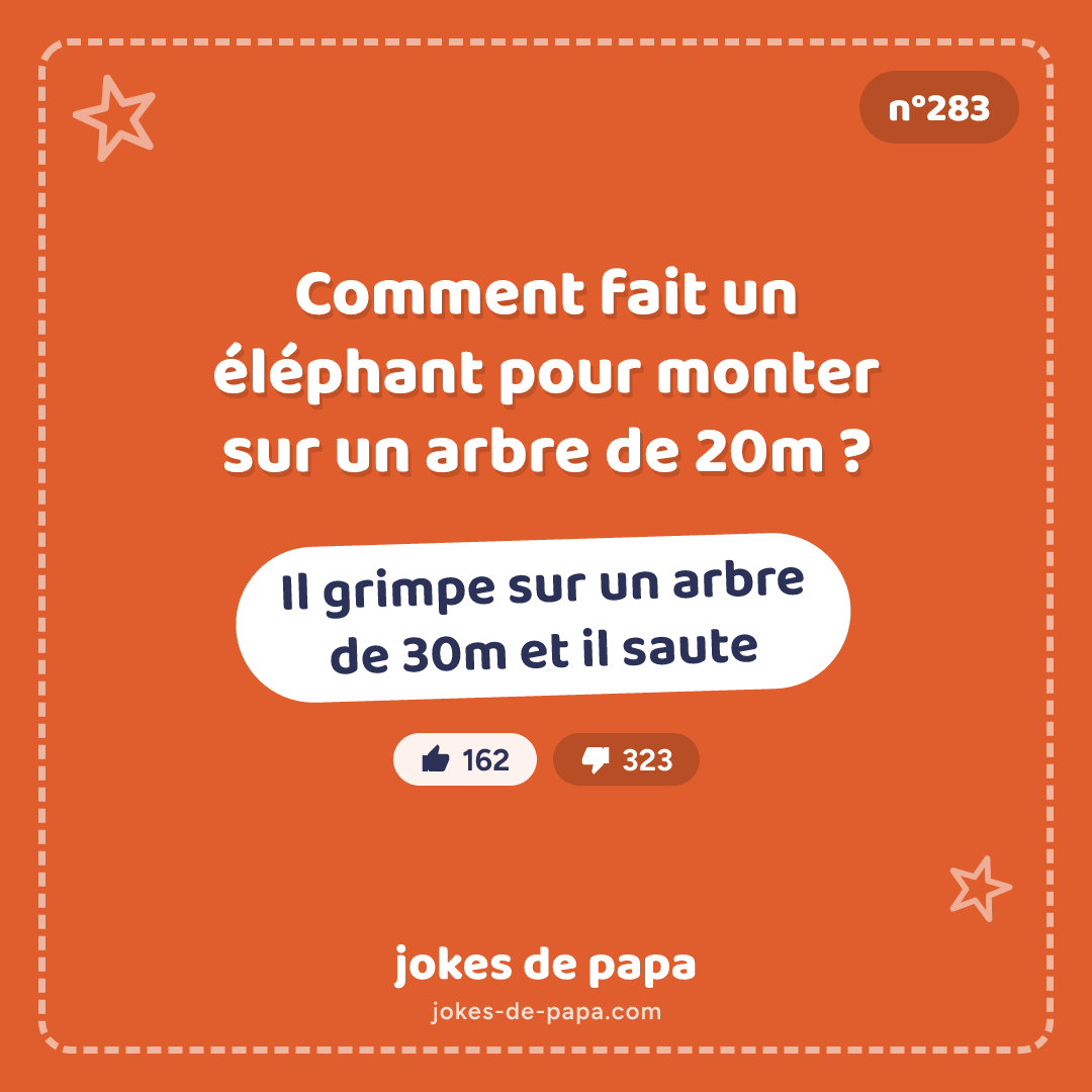 Blague n°283 en image : Comment fait un éléphant pour monter sur un arbre de 20m ? – Il grimpe sur un arbre de 30m et il saute
