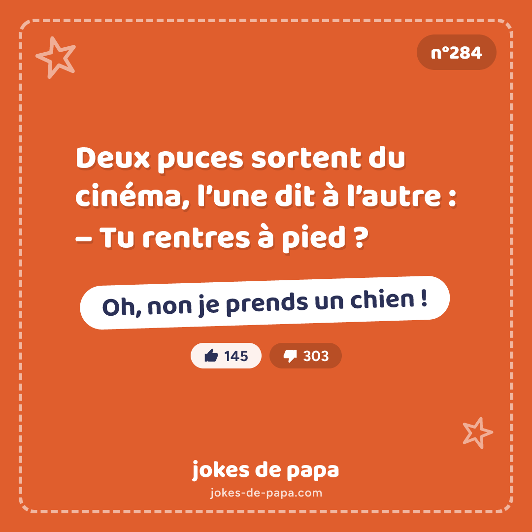Blague n°284 en image : Deux puces sortent du cinéma, l’une dit à l’autre : – Tu rentres à pied ? – Oh, non je prends un chien !