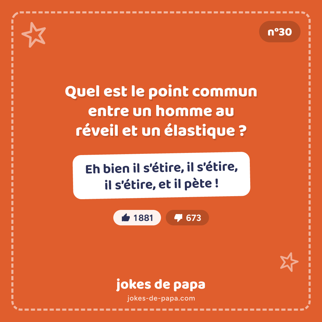 Blague n°30 en image : Quel est le point commun entre un homme au réveil et un élastique ? Eh bien il s’étire, il s’étire, il s’étire, et il pète !