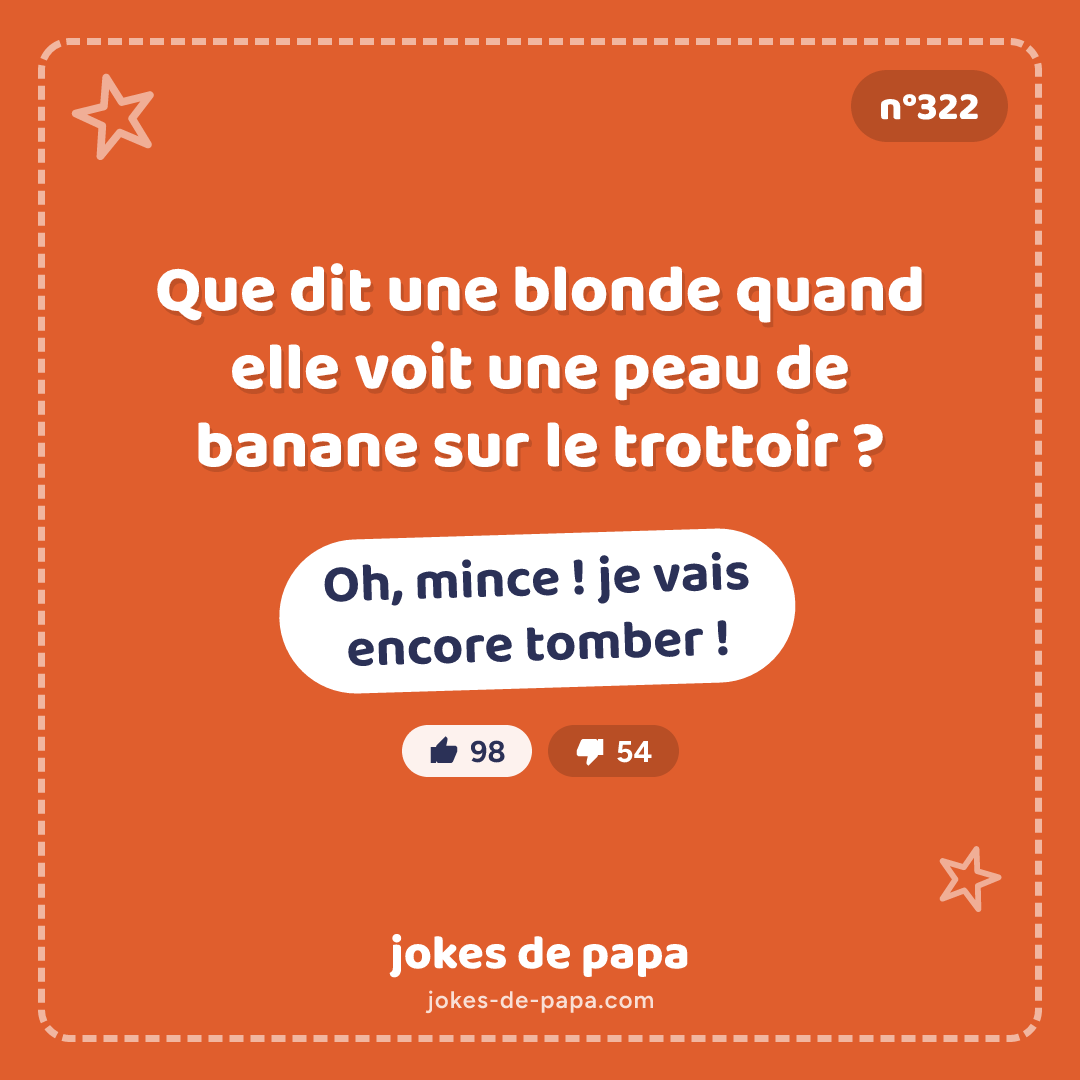 Blague n°322 en image : Que dit une blonde quand elle voit une peau de banane sur le trottoir ? Oh, mince ! je vais encore tomber !