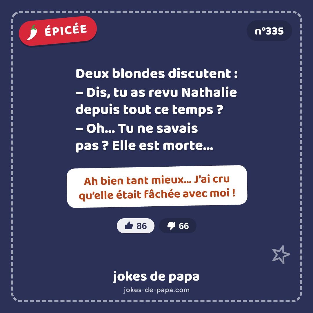 Blague n°335 en image : Deux blondes discutent : – Dis, tu as revu Nathalie depuis tout ce temps ? – Oh… Tu ne savais pas ? Elle est morte… – Ah bien tant mieux… J’ai cru qu’elle était fâchée avec moi !