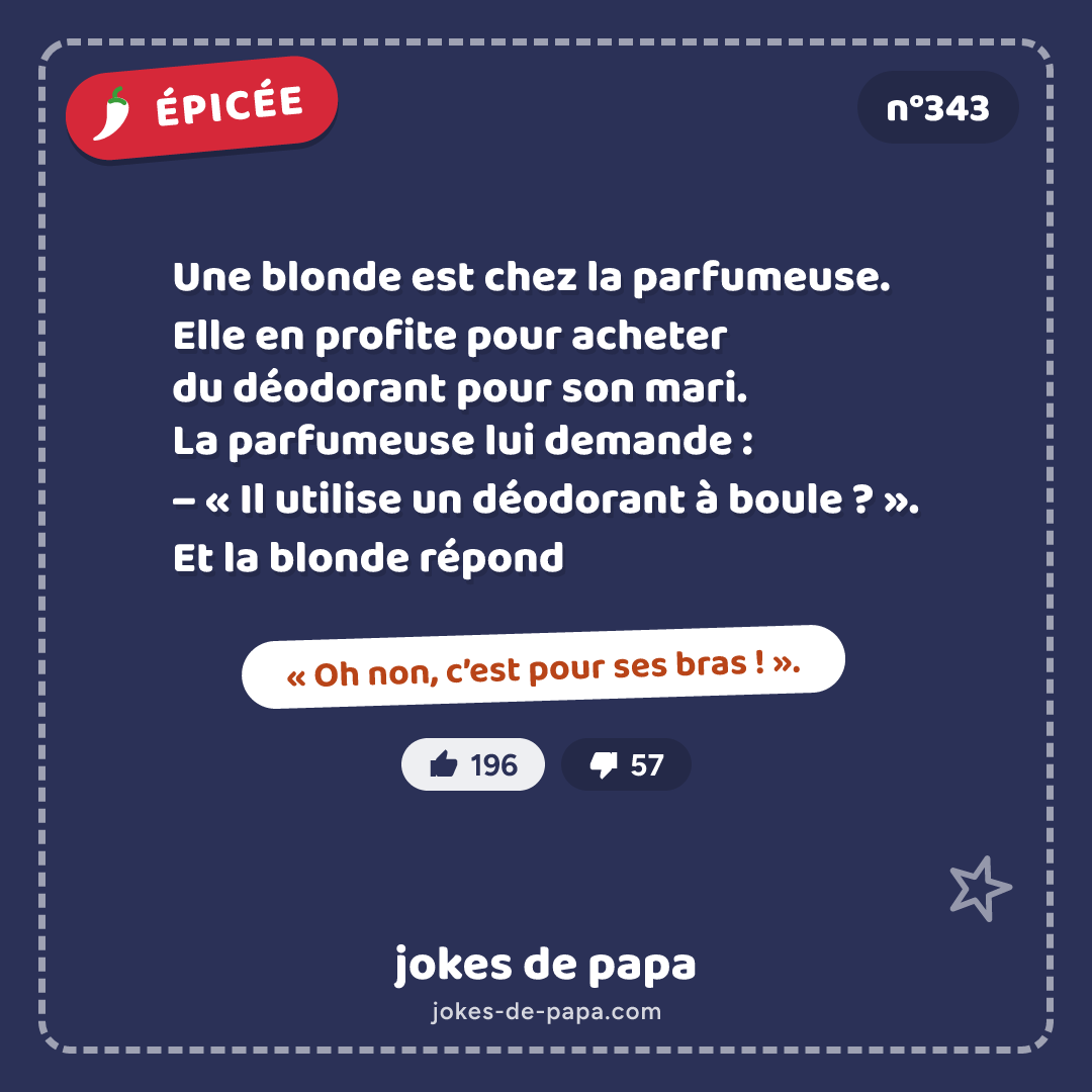Blague n°343 en image : Une blonde est chez la parfumeuse. Elle en profite pour acheter du déodorant pour son mari. La parfumeuse lui demande : – « Il utilise un déodorant à boule ? ». Et la blonde répond – « Oh non, c’est pour ses bras ! ».