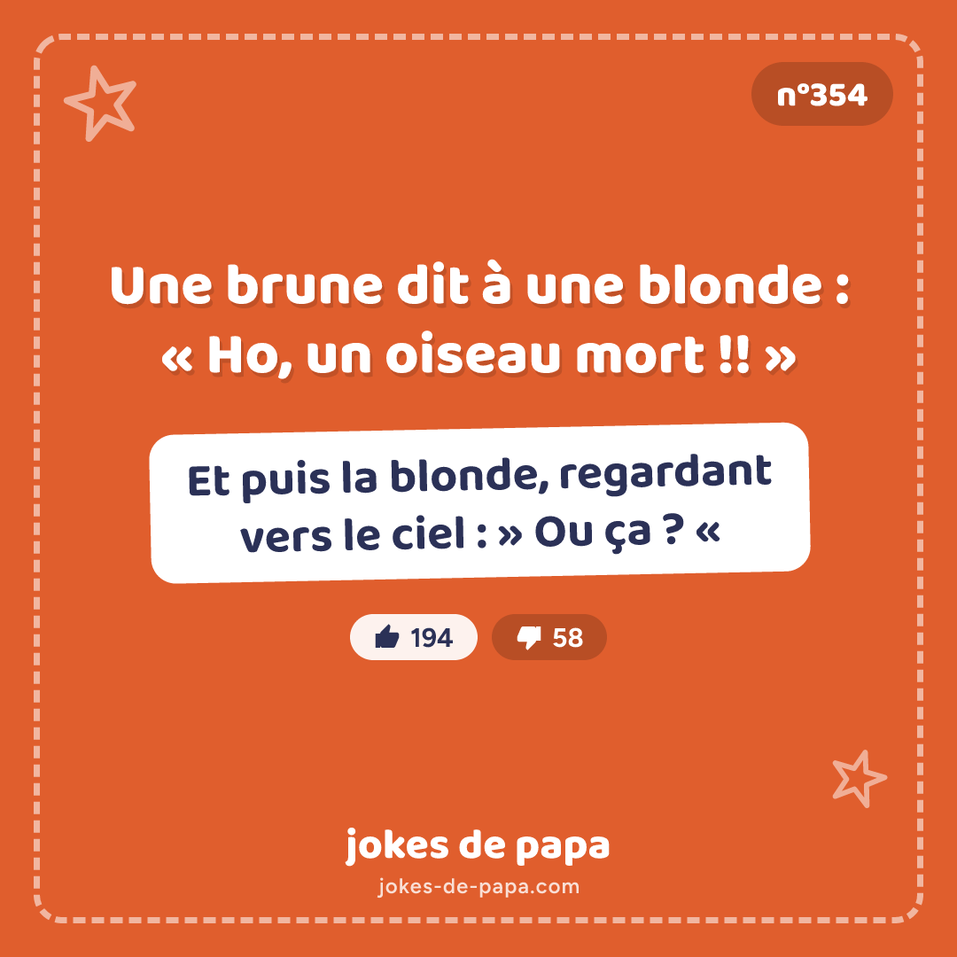 Blague n°354 en image : Une brune dit à une blonde : « Ho, un oiseau mort !! » Et puis la blonde, regardant vers le ciel : » Ou ça ? «