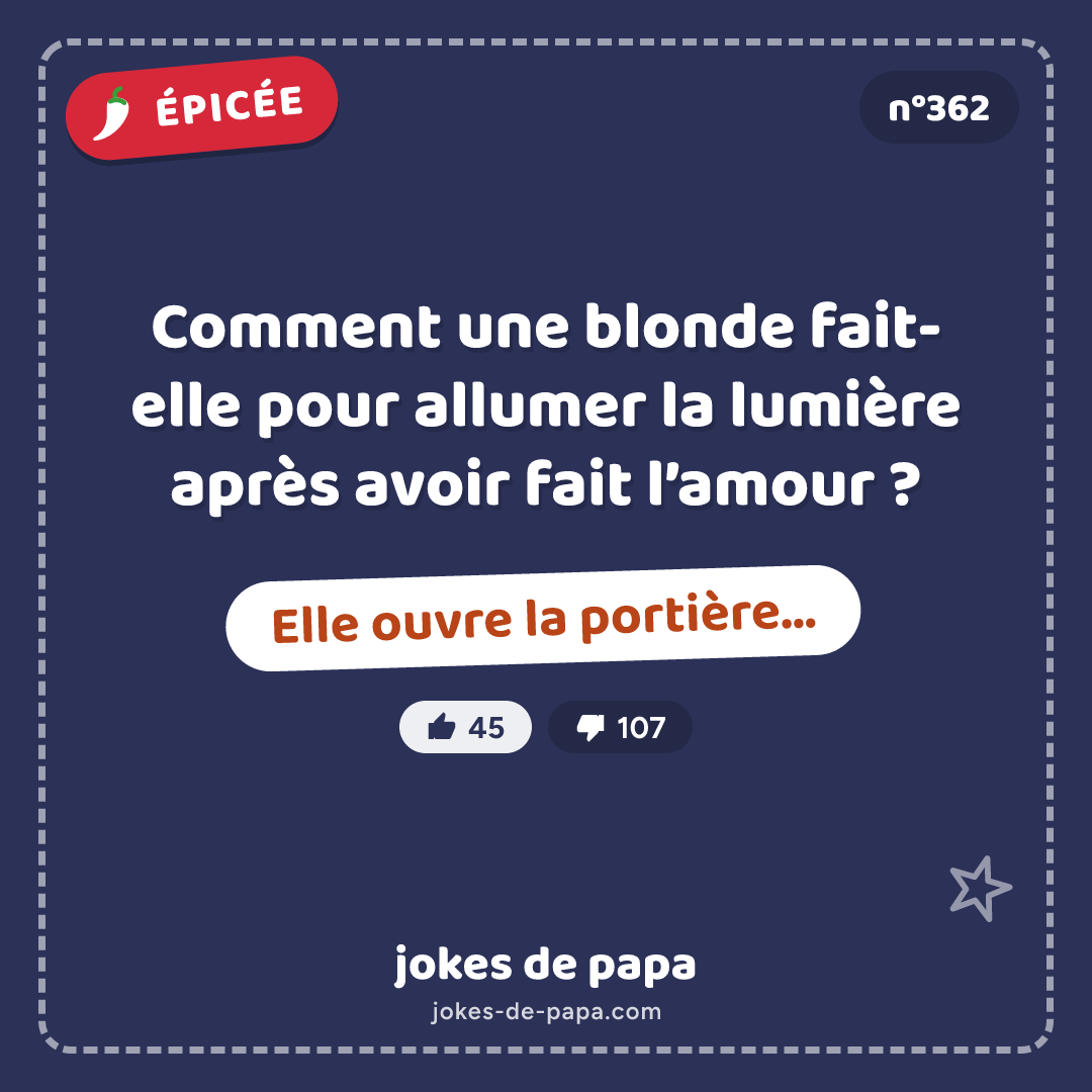 Blague n°362 en image : Comment une blonde fait-elle pour allumer la lumière après avoir fait l’amour ? Elle ouvre la portière…