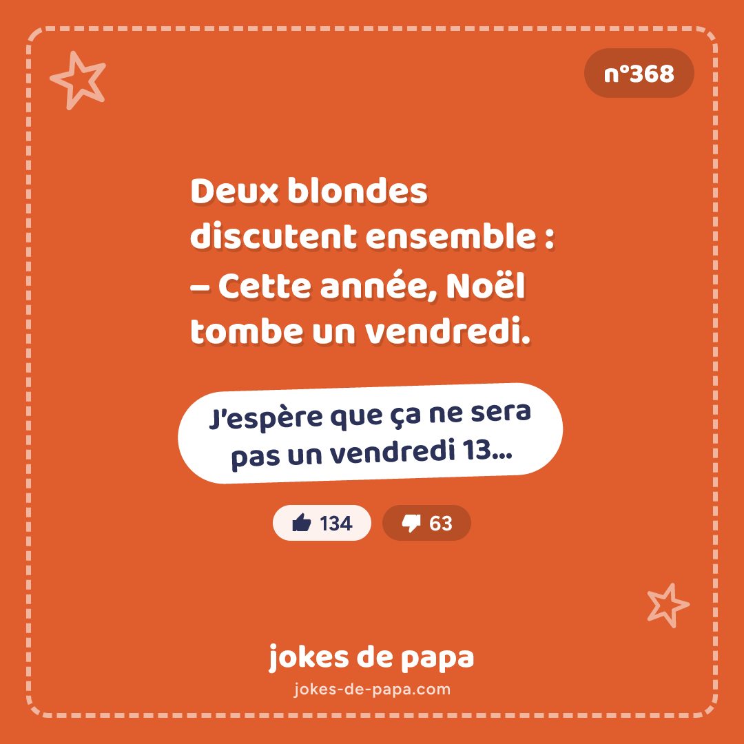 Blague n°368 en image : Deux blondes discutent ensemble : – Cette année, Noël tombe un vendredi. – J’espère que ça ne sera pas un vendredi 13…