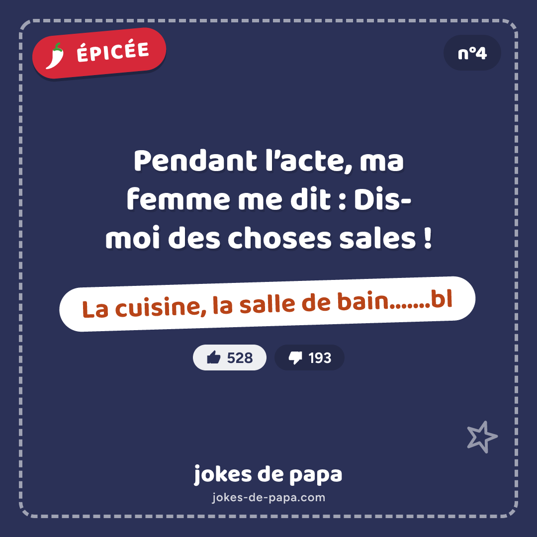Blague n°4 en image : Pendant l’acte, ma femme me dit : Dis-moi des choses sales ! La cuisine, la salle de bain…….bl