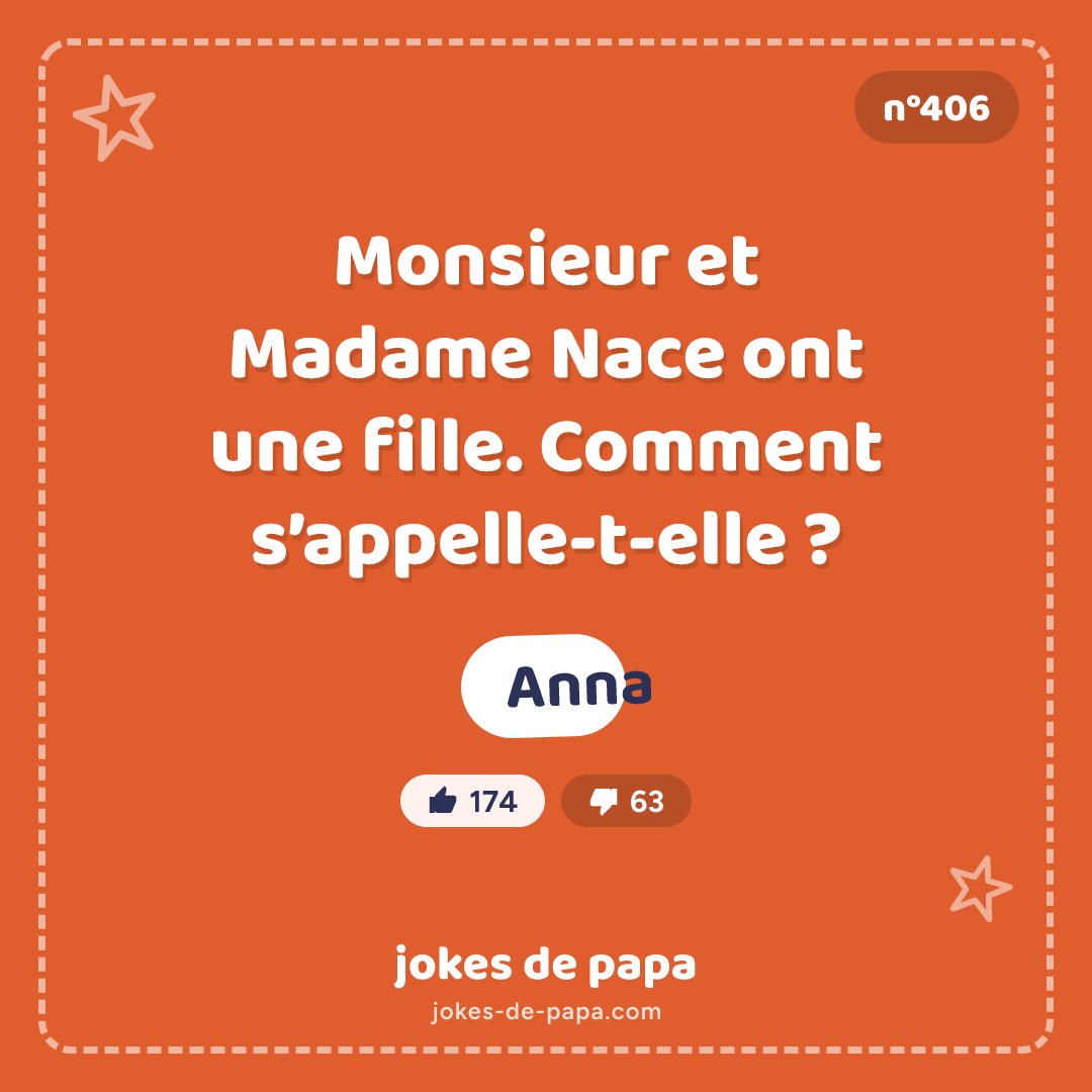 Blague n°406 en image : Monsieur et Madame Nace ont une fille. Comment s’appelle-t-elle ? Anna