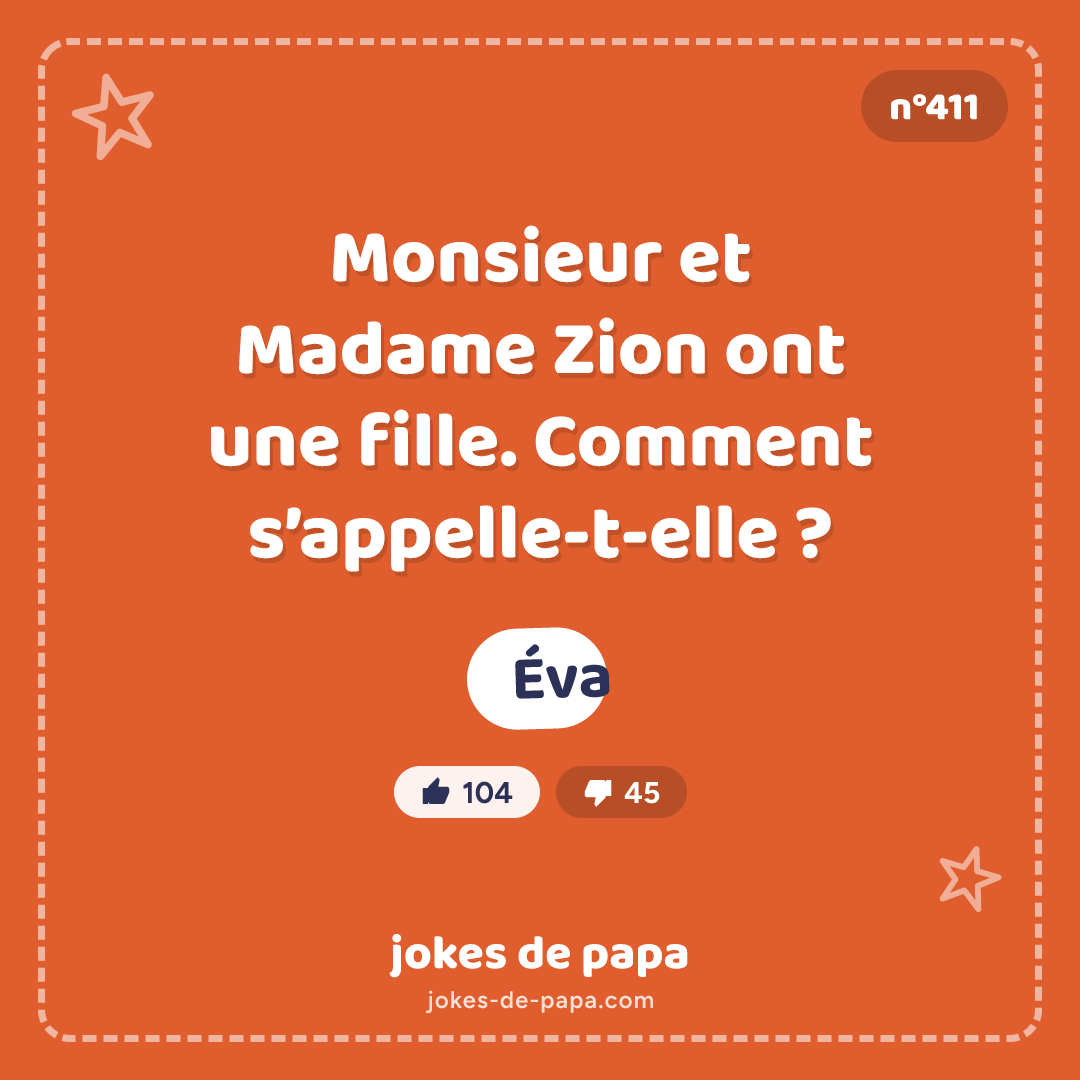 Blague n°411 en image : Monsieur et Madame Zion ont une fille. Comment s’appelle-t-elle ? Éva