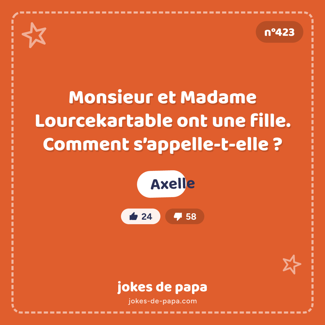 Blague n°423 en image : Monsieur et Madame Lourcekartable ont une fille. Comment s’appelle-t-elle ? Axelle
