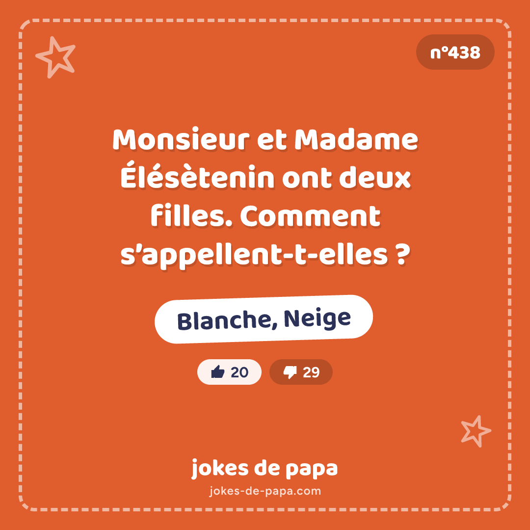 Blague n°438 en image : Monsieur et Madame Élésètenin ont deux filles. Comment s’appellent-t-elles ? Blanche, Neige