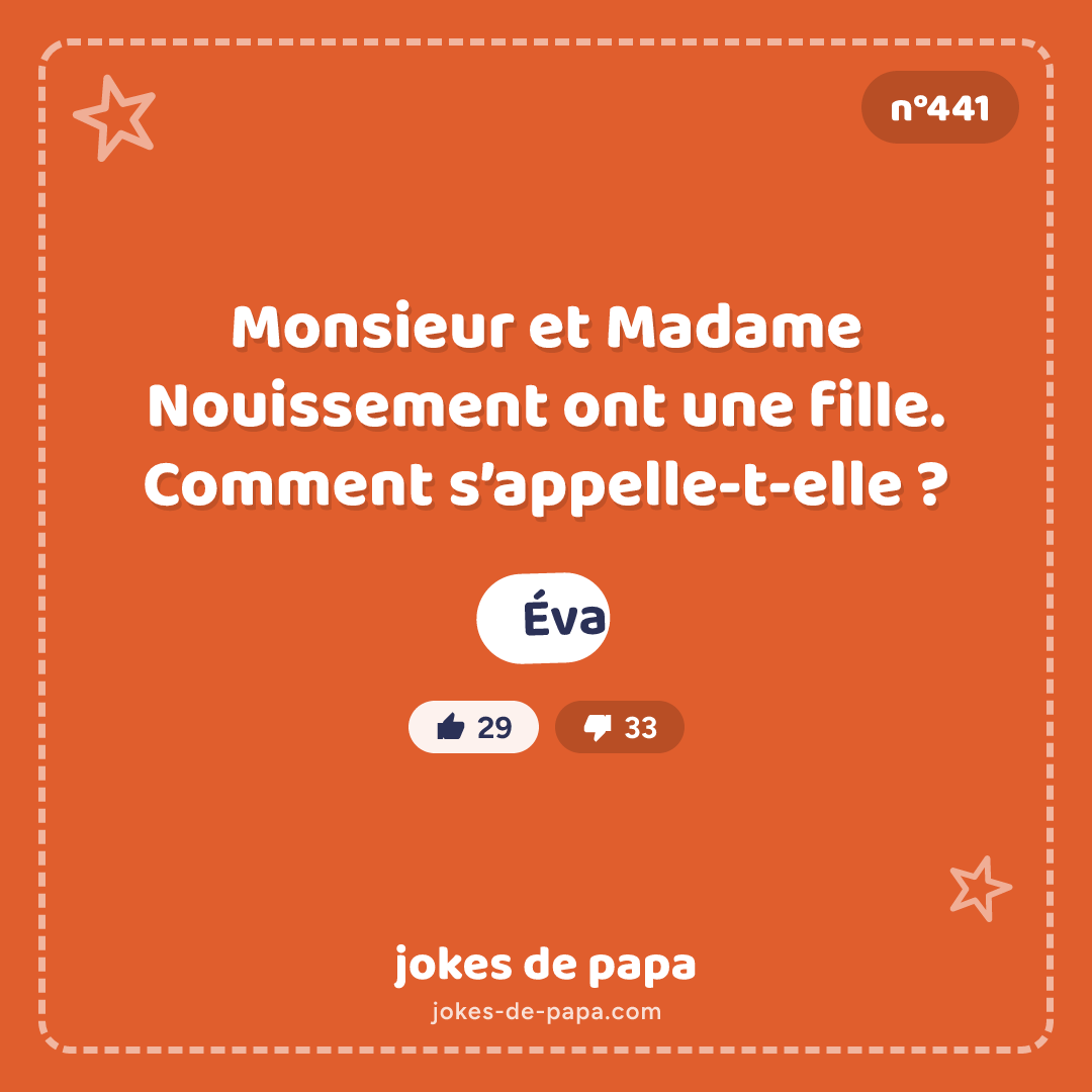 Blague n°441 en image : Monsieur et Madame Nouissement ont une fille. Comment s’appelle-t-elle ? Éva