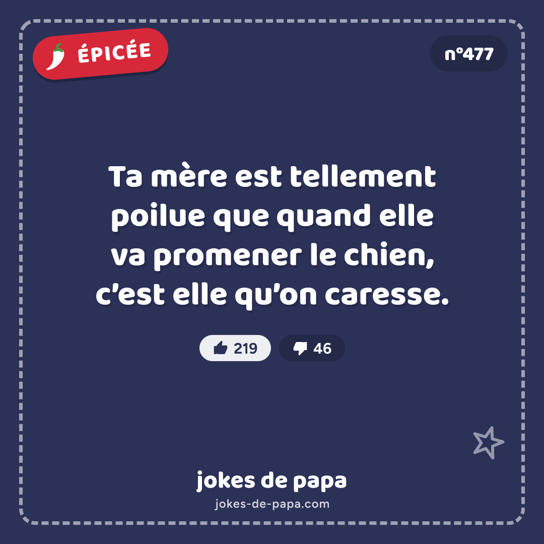 Blague n°477 en image : Ta mère est tellement poilue que quand elle va promener le chien, c’est elle qu’on caresse.