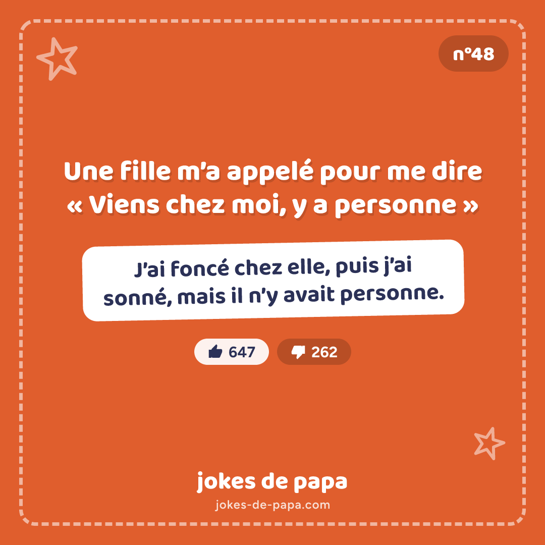 Blague n°48 en image : Une fille m’a appelé pour me dire « Viens chez moi, y a personne » J’ai foncé chez elle, puis j’ai sonné, mais il n’y avait personne.