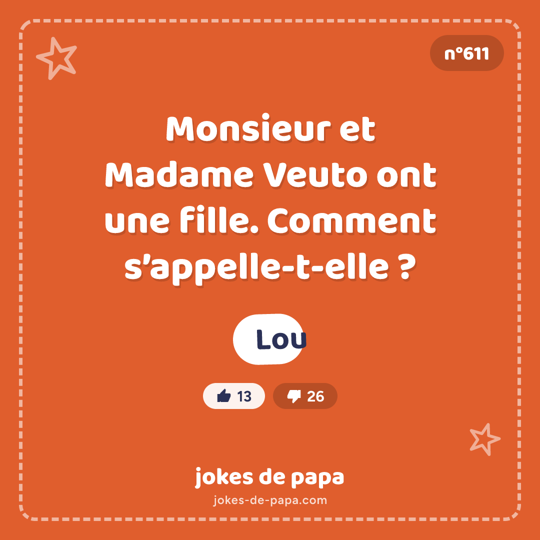 Blague n°611 en image : Monsieur et Madame Veuto ont une fille. Comment s’appelle-t-elle ? Lou